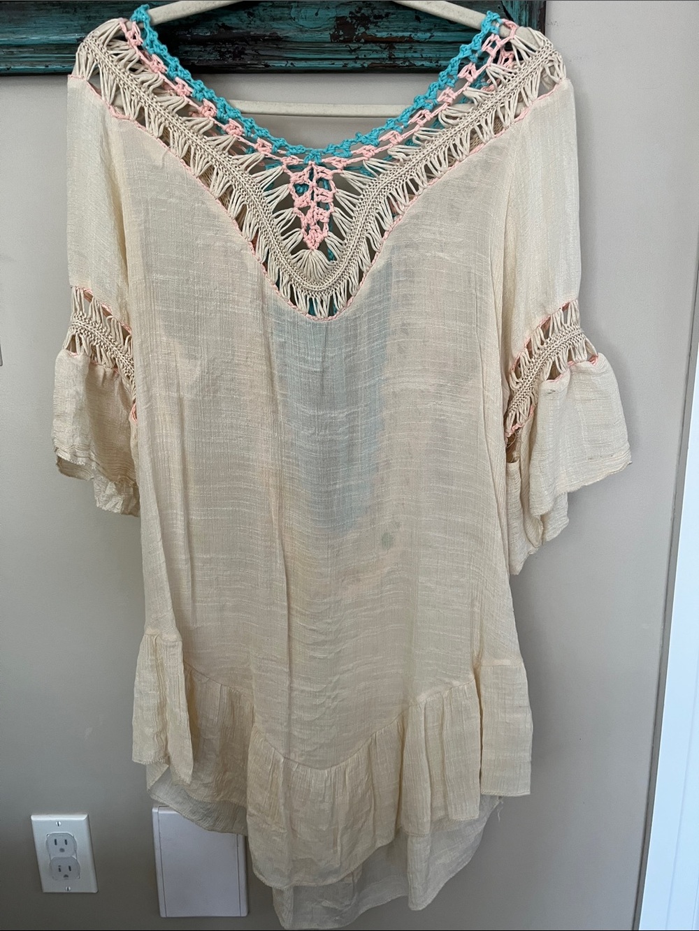 Boho Crochet-Trim Cream Women's Tunic Top